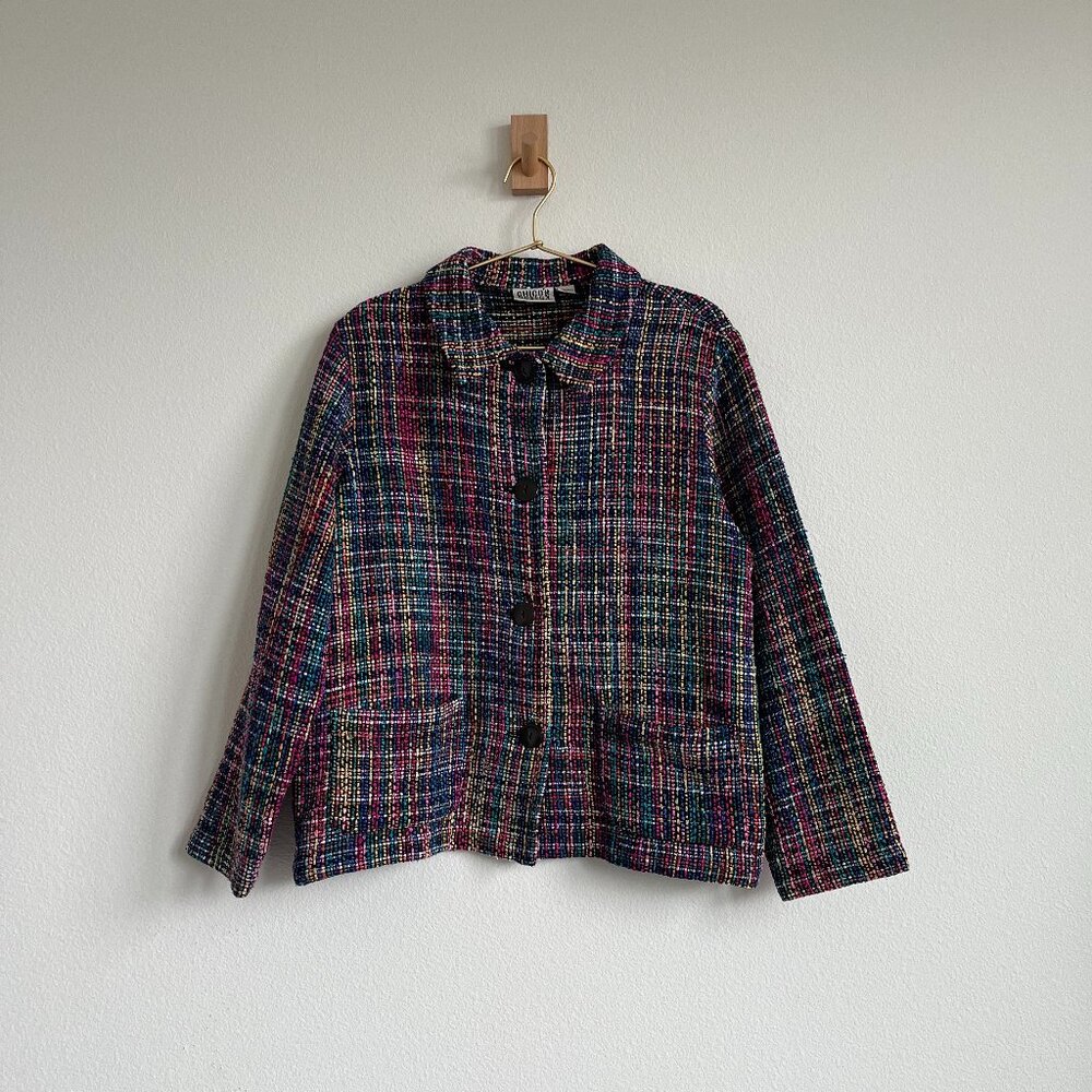 Vintage Chico's Design 100% Silk Boho Granny Chic Woven Tweed Rainbow Jacket